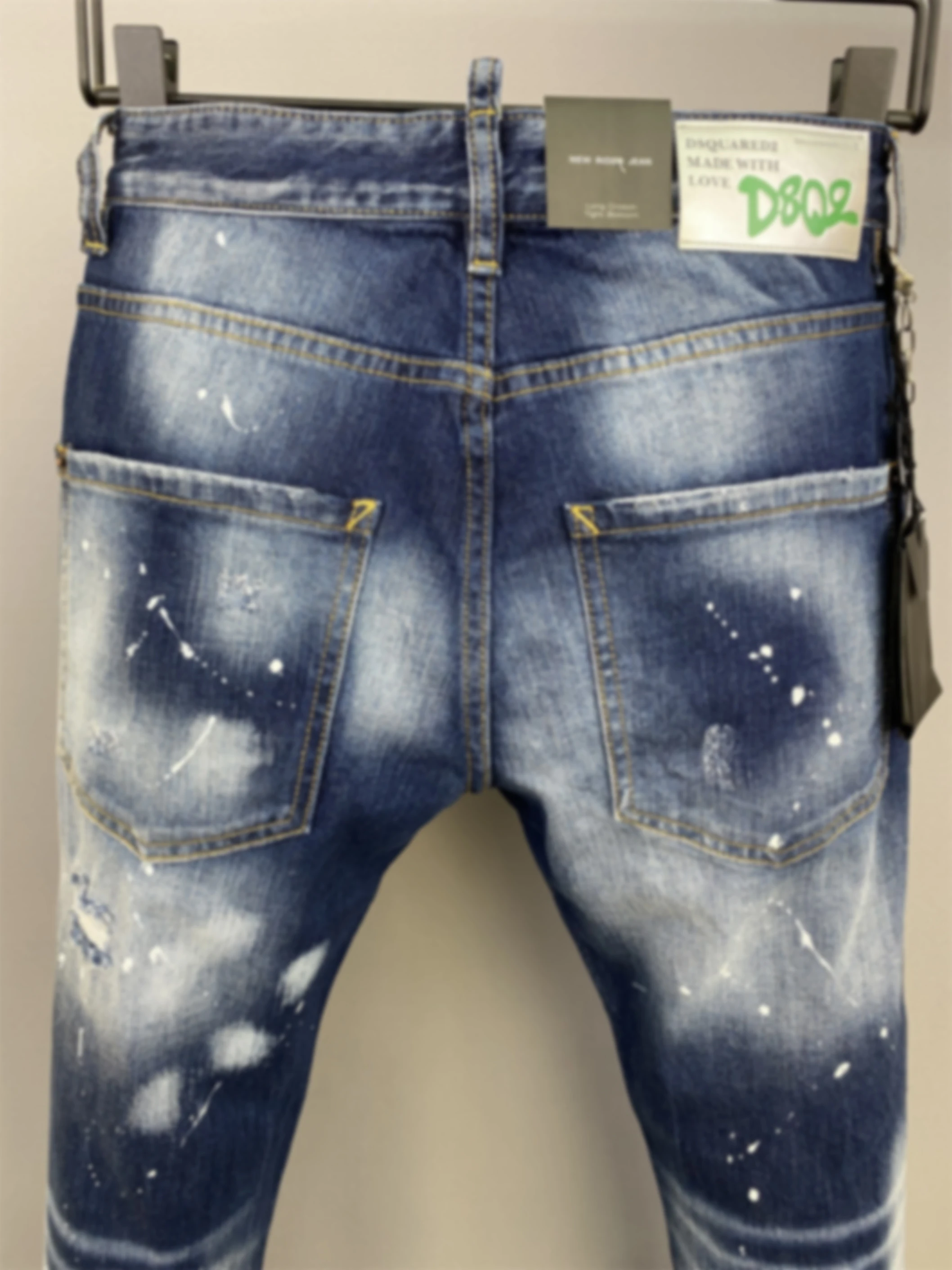 2024 Spring/Summer New D2 Jeans Trendy Men's Washed Worn Hole Patches Painted Slim Fit Small Feet Denim Pants Men's