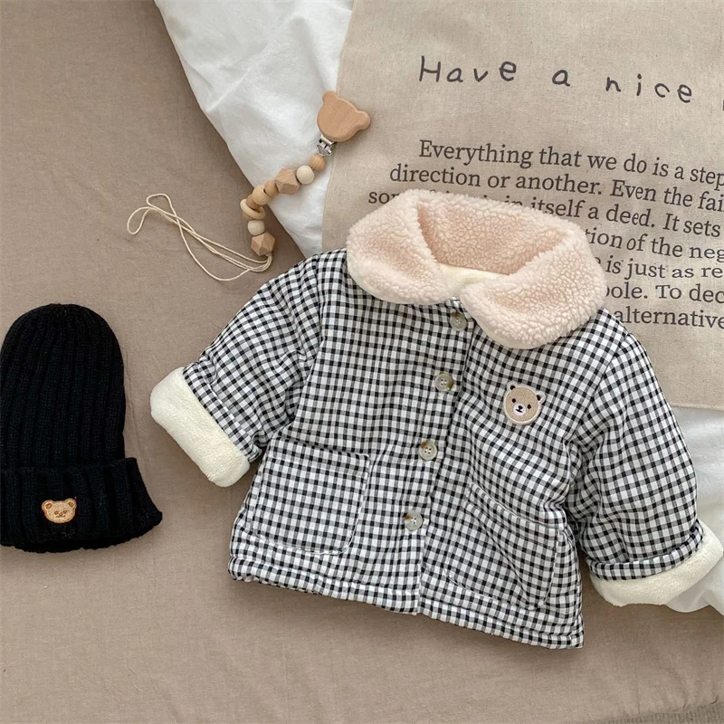 Plaid Bear Winter Baby Coats for Girls Boys Warm Cotton Outerwear Fleece Lining Jacket Infant Clothes Korean Kids Costume 0-3T