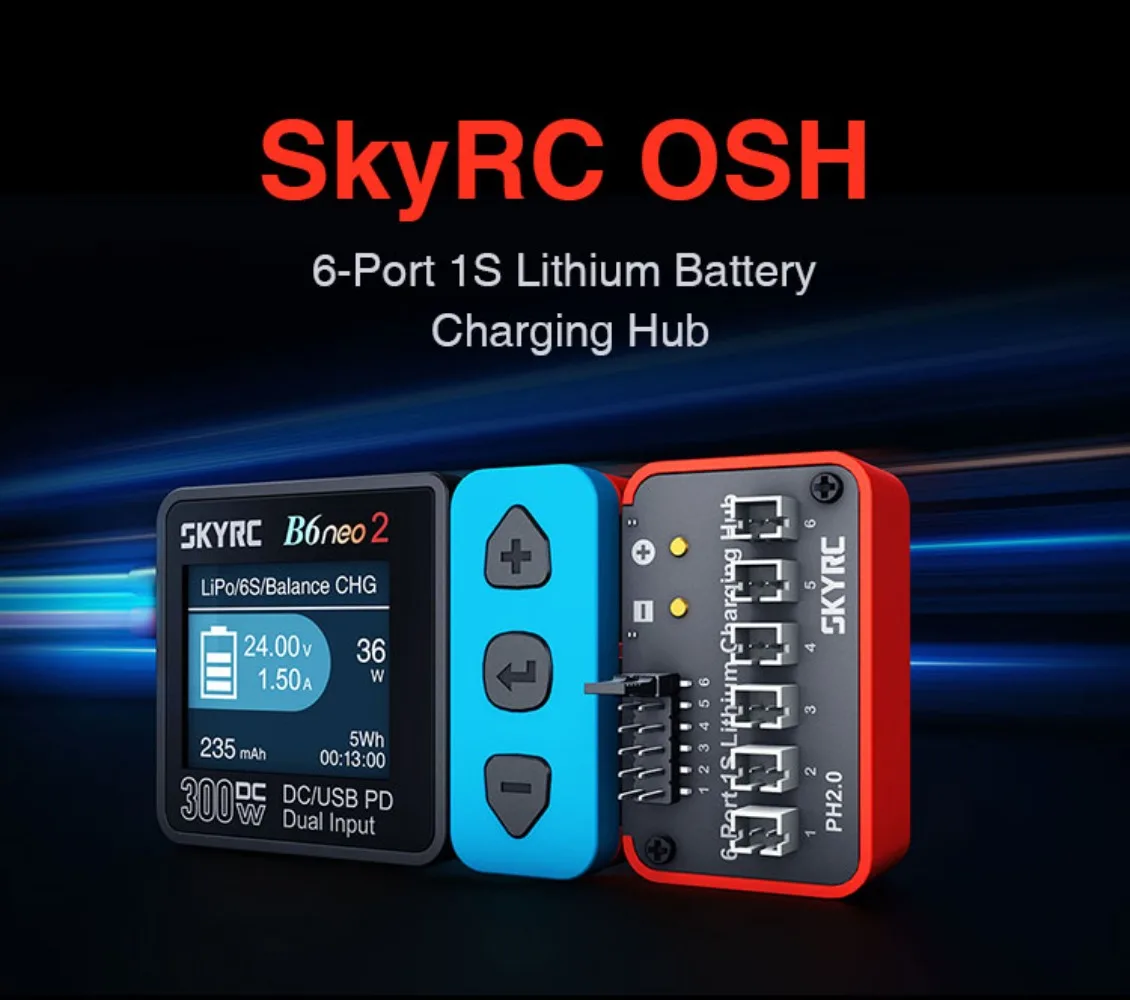 Hub de charge multiport SKYRC OSH 6 ports 1S connecté à un chargeur B6neo, prêt à charger plusieurs batteries