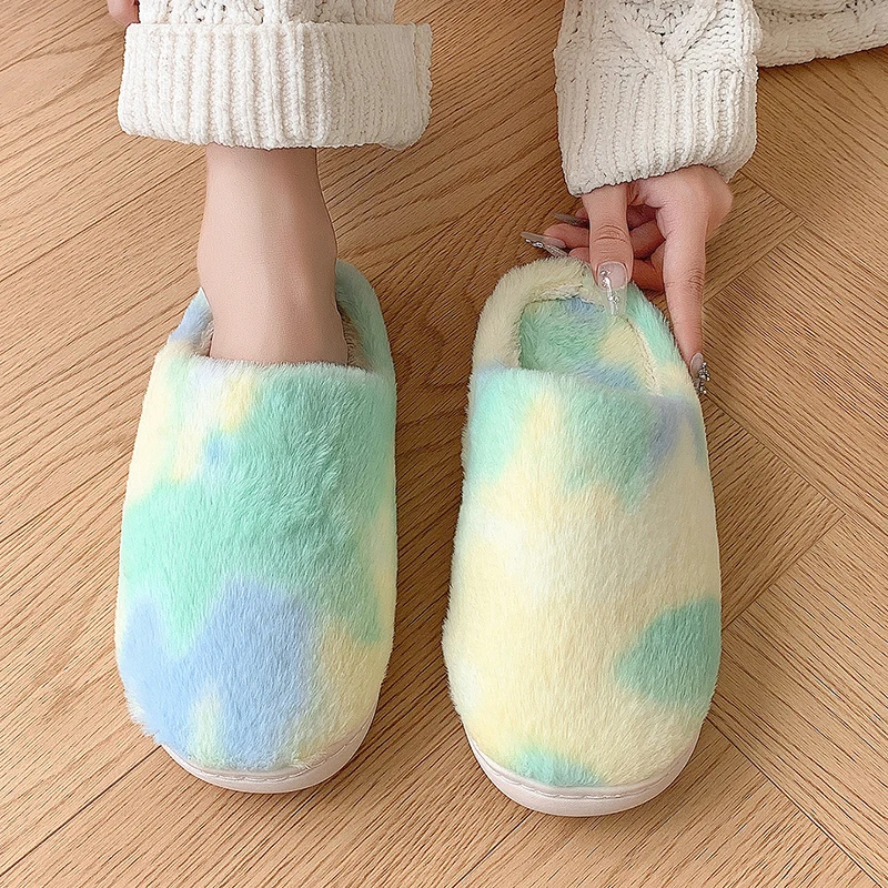 Lucyever Fashion Tie Dye Fluffy Fur Slippers Women Winter Keep Warm Flat Heels Home Slides Woman Indoor Couple Cotton Shoes 45