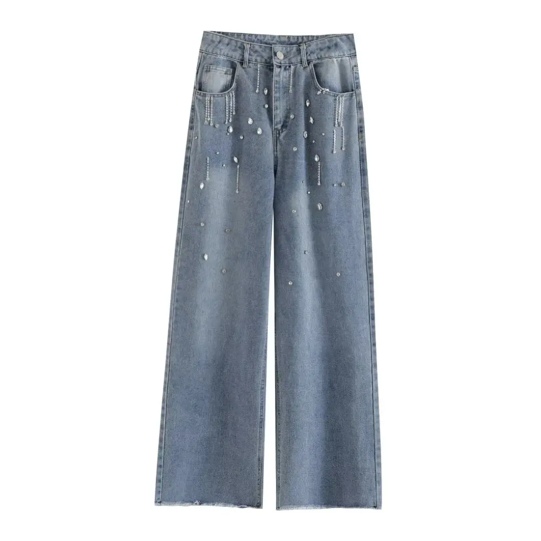 

Women's New Chic Fashion Beaded Decoration Casual Loose Versatile Jeans Retro High Waist Side Pocket Women's denim pants Mujer