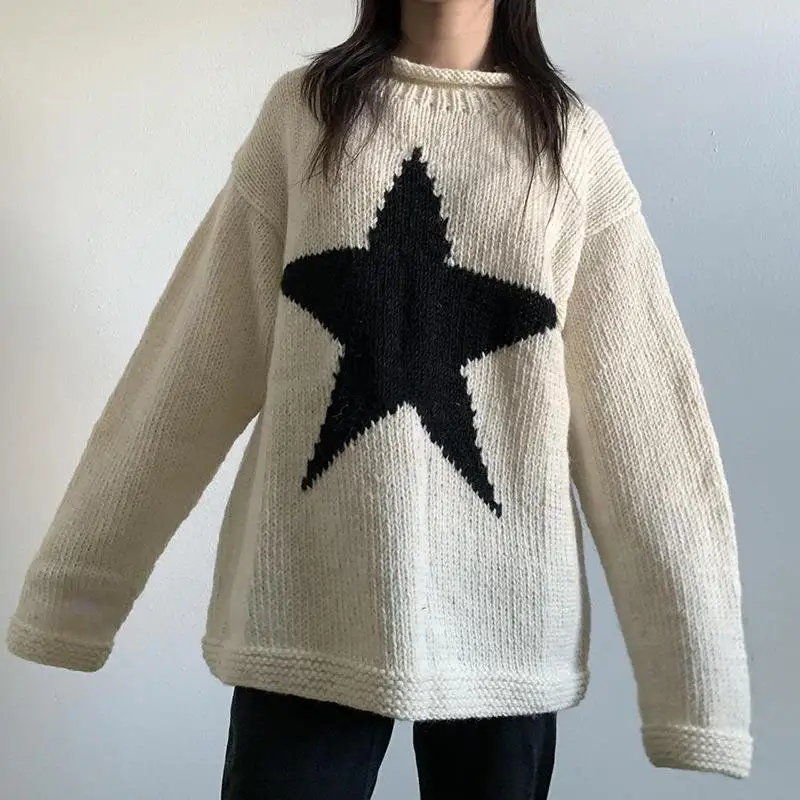 

women loose knitted sweater Star Pattern Pullovers Ladies Round Collar Long Sleeve Knitwear Jumpers Y2k Clothes Streetwear baggy