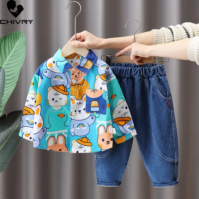 

New 2023 Boys Clothing Sets Spring Autumn Kids Fashion Cartoon Lapel Shirts with Jeans Children Casual Clothes Two-piece Sets