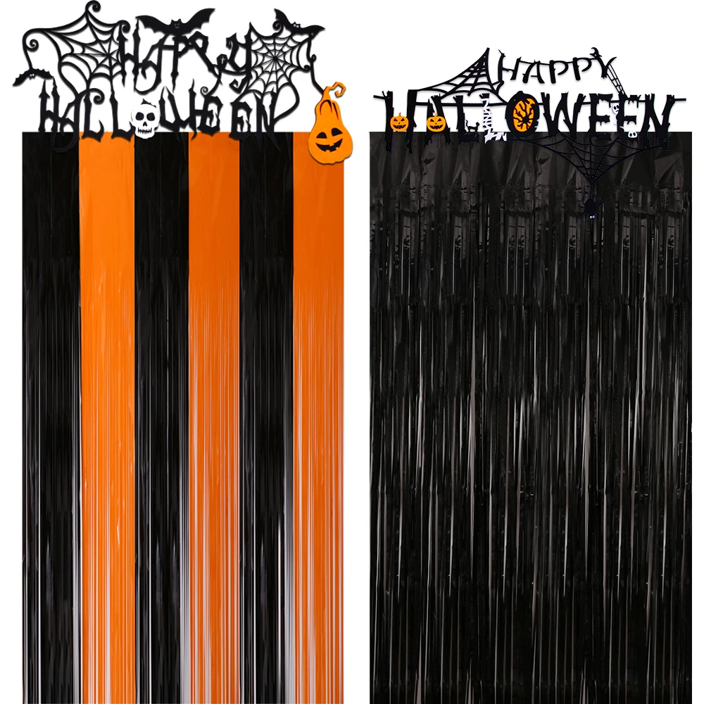 

Creative Halloween Decoration 2022 Black Orange Tinsel Fringe Curtains Party Non Woven Bat Banner Halloween Decorations for Home