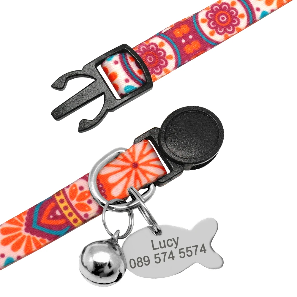 Cute Print Personalized Cat Collar Quick Release Custom Kitten Collars with Bell Engraved Pet Cats Necklace Accessories for Cat 5
