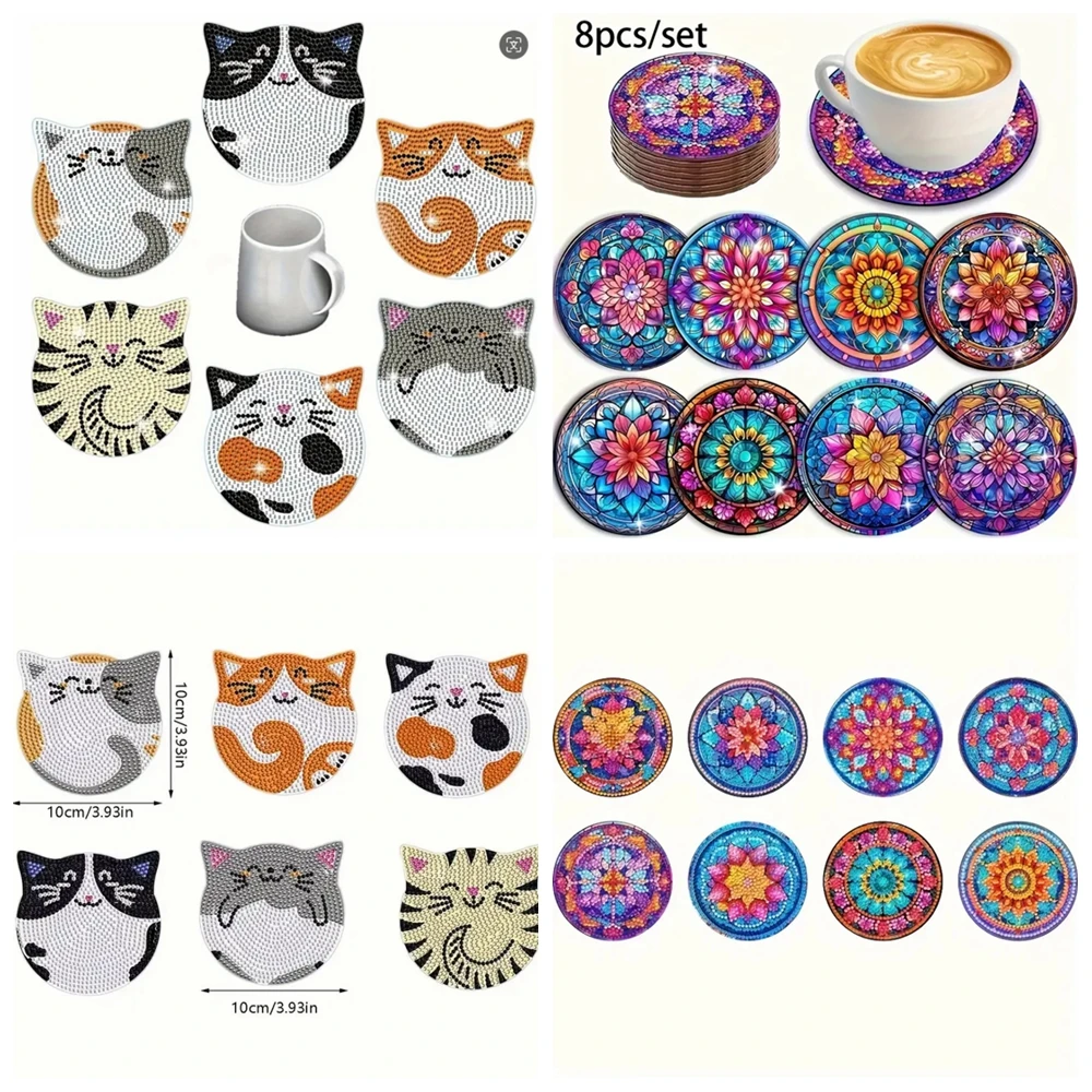 Set De 8 Posavasos Para Gatos Con Pintura De Diamantes 5D: Manualidad Divertida Y Regalo Perfecto