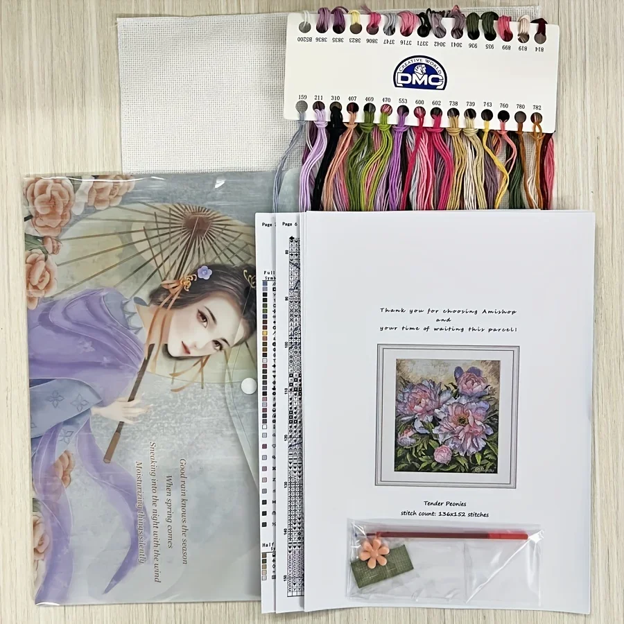 부드러운 모란 크로스 스티치 키트, DIY 자수 세트, 30 가지 색상, 카운트 캔버스, 바늘 및 영어 설명서, 홈 데코
