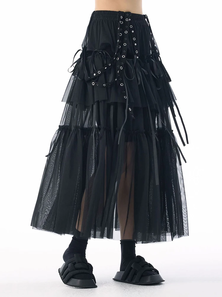 [EAM] High Elastic Waist Coffee Mesh Perspective Ribbon Strap Half-body Skirt Women Fashion Tide New Spring Autumn 2026 1DJ5044