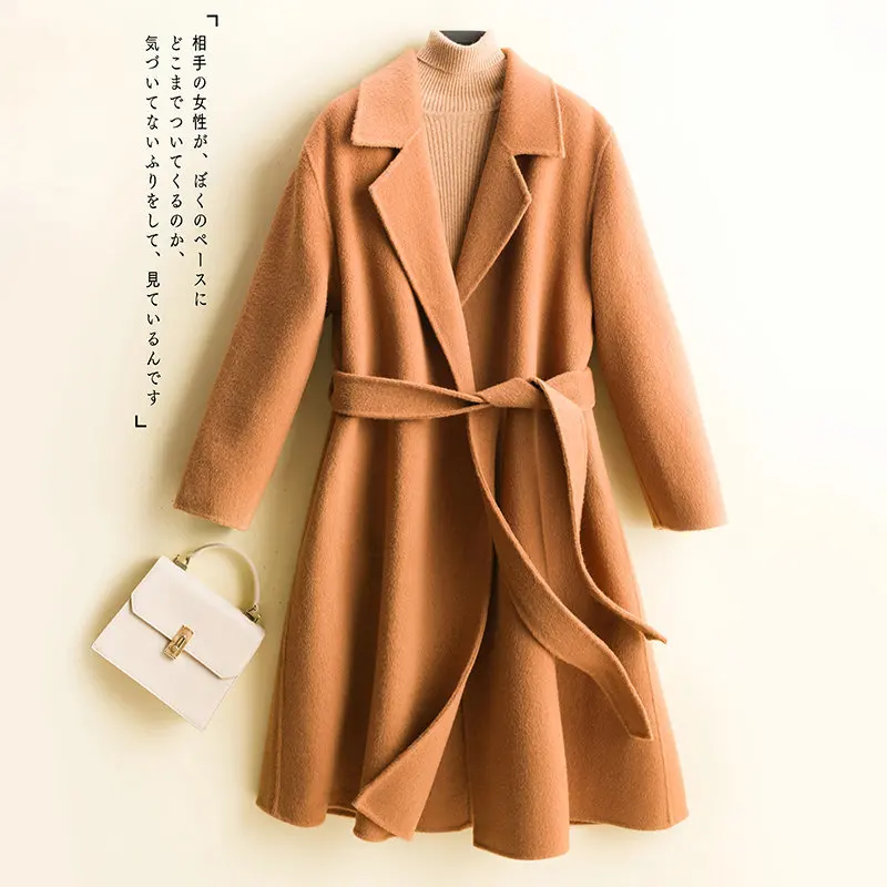 

Double-sided Oversized Belted Wool Cashmere Peacoat Trench Coat Fashion Ladies Long Loose Woolcoat Camel Overcoat