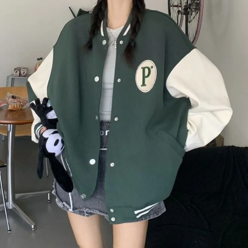 

HOUZHOU Harajuku Baseball Jacket Women Oversize Korean Style College Varsity Jackets Green Bomber Coats Streetwear Couple Loose