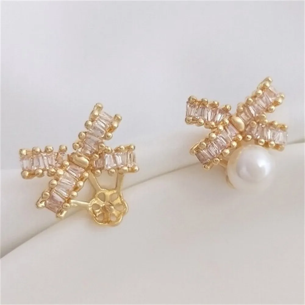 14K Gold-plated Zircon Bow with Half Hole Bead Holder Earrings 925 Silver Needles DIY Adhesive Pearl Ear Accessories E280