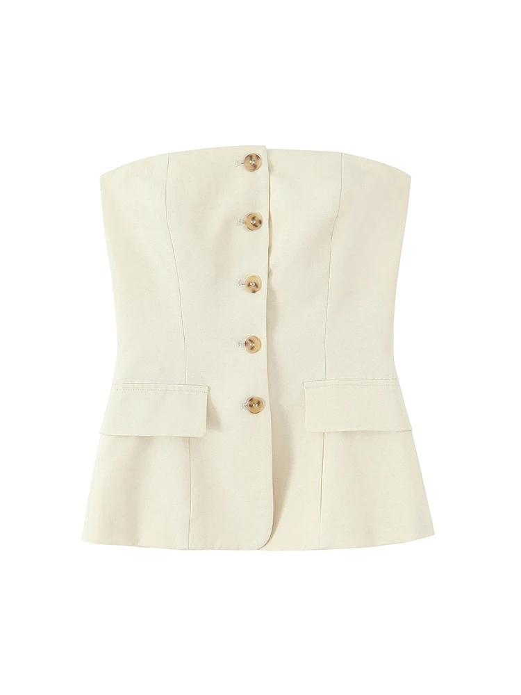 TFMLN Women's Corset Strapless Tank Top Chic Off Shoulder Sleeveless Female Chic Casual Vest Fashion Single Breasted Vest Top