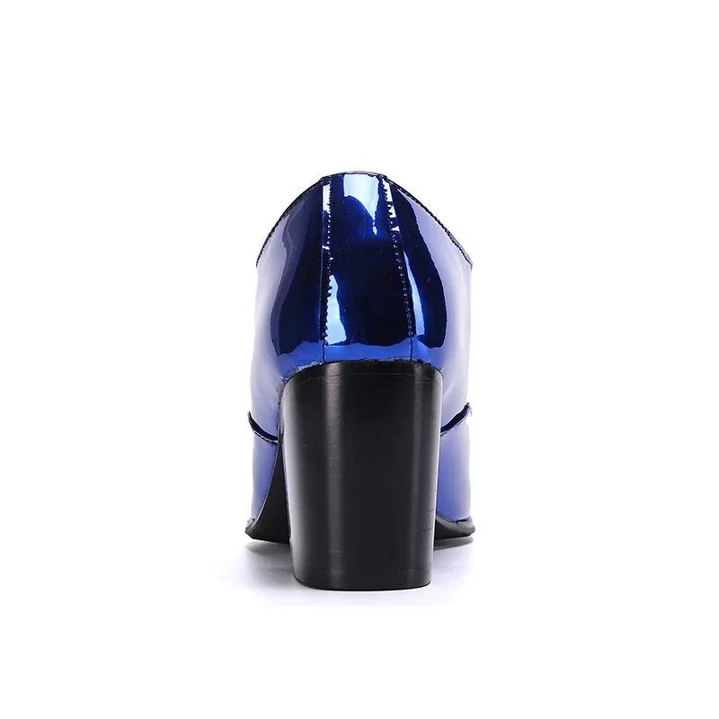 New Fashion Blue Patent Leather Men Formal Dress Shoes Big Size High Heel Party Man Shoes Club Jazz Dancer Thick Heel Ankle Boot