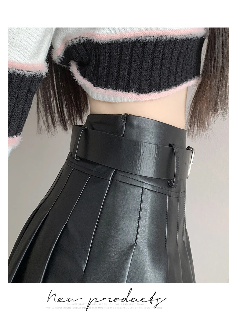Braun Schwarz Winter Mini Leder Rock Frauen Mode Streetwear Hohe Taille Skater Faltenröcke Mit Shorts A-linie Jupe Plissée – Detail 21