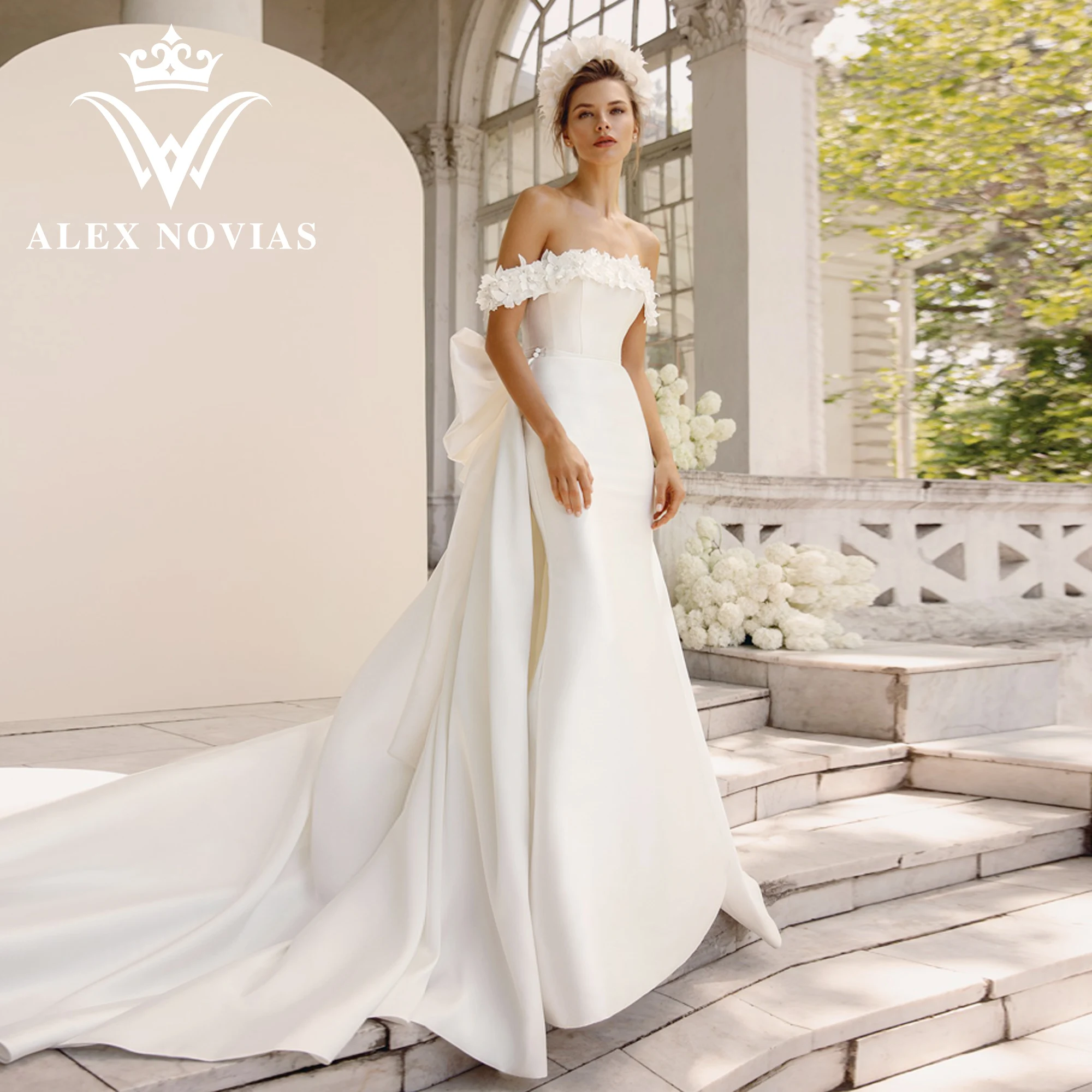 

Свадебное атласное платье с юбкой-годе ALEX NOVIAS, романтическое свадебное платье со съемным шлейфом, вырезом лодочкой и цветами, 2023