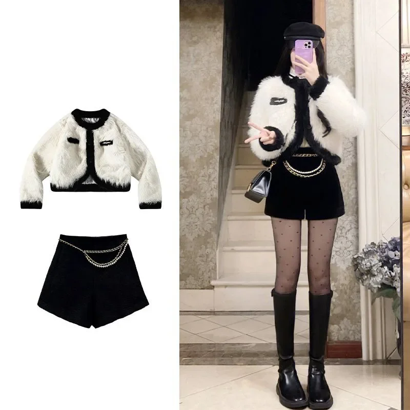 

Two-piece Set of Small Fragrant Short Imitation Mink Coat + Thickened High-waisted Casual Pants Spring and Autumn Suit for Women