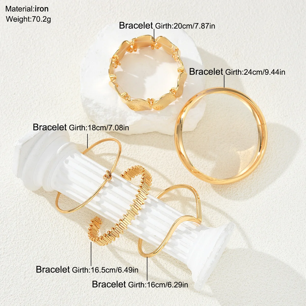 5pcs/Set Vintage Exaggerated Wide Cuff Bracelet Set For Women Fashion Gold Color Smooth Asymmetrical Bangles Daily Wear Jewelry