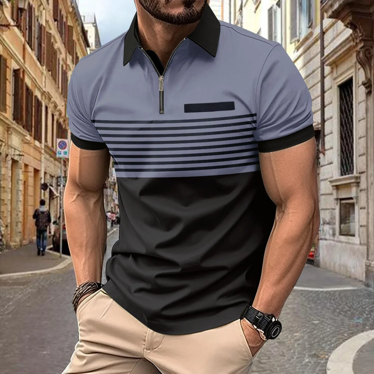 Fashionable mens summer striped T-shirt color blocked 3D digital printing zipper polo shirt business casuallapelshortsleevedpolo 13 S081d162877da45359267e5ea225240cdk
