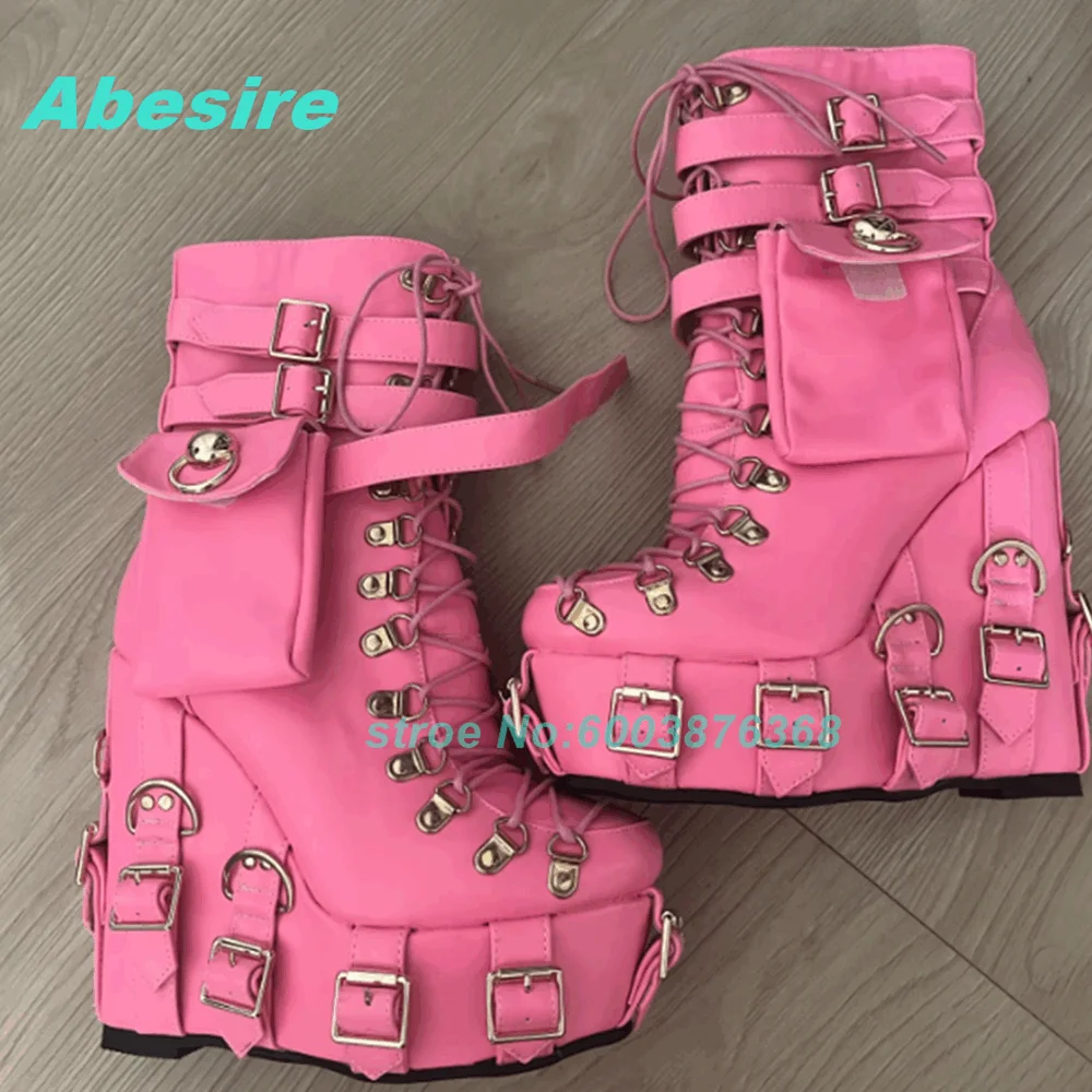 Buckle Mixed Color Patchwork Ankle Boots Round Toe Platform Wedges Thick Heels Women's Boots Cross Tied Pocket Decoration Shoes