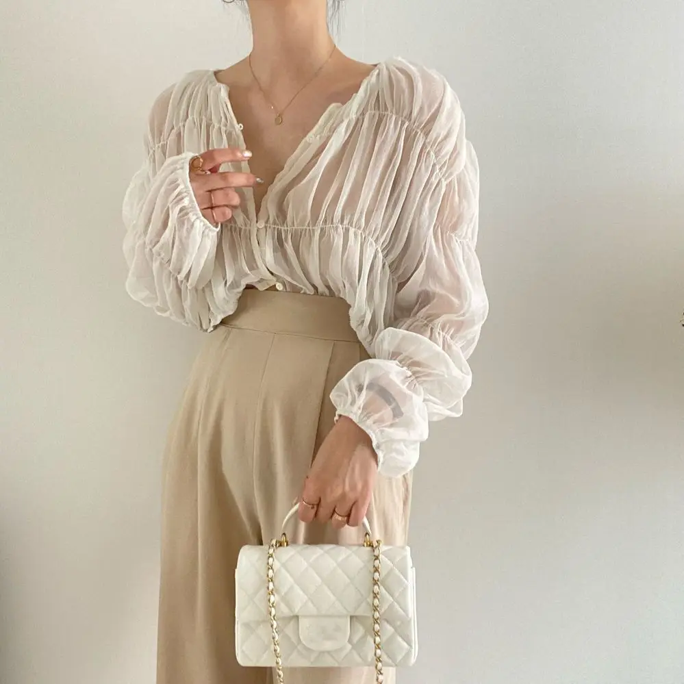 Korean Style Pleated Chiffon Long Sleeve Blouse