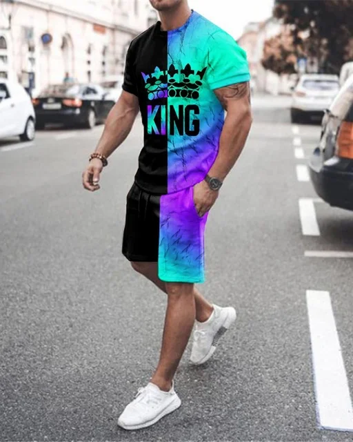 Summer New Men's T-Shirt + Shorts 2-Piece Set Of Crown King 3D Printing Oversized Casual Street Harajuku Hip-Hop Retro Round Nec TS1180