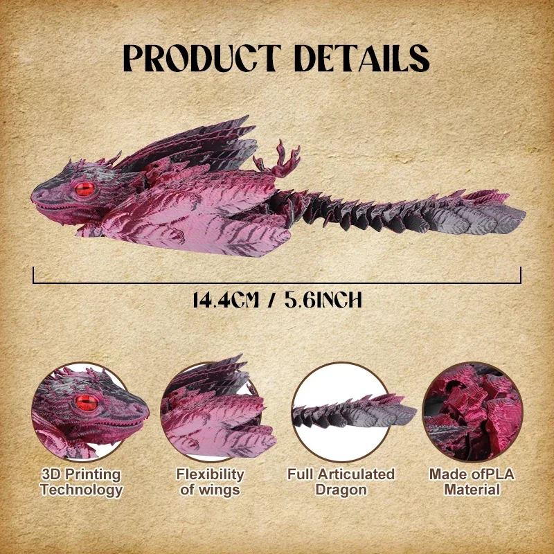 Aousin 3D Printed Dragon With Movable Wings – Dark Red & Black Desk Pet, Fidget Toy, Collectible Figure