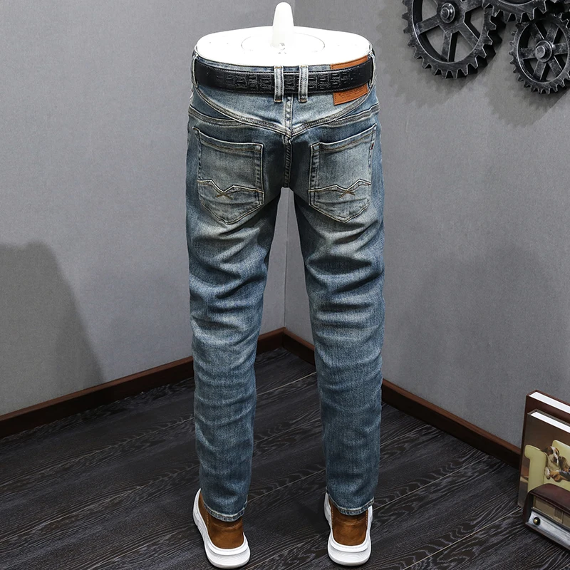 Fashion Designer Men Jeans High Quality Retro Washed Blue Stretch Slim Fit Ripped Jeans Men Patched Vintage Denim Pants Hombre