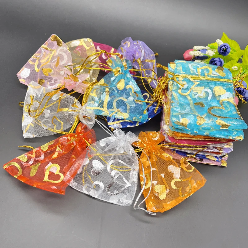 50PCS Pink Heart Organza Gift Bags 5x7 Inch - Wedding Valentine's Day Party Favor Bags