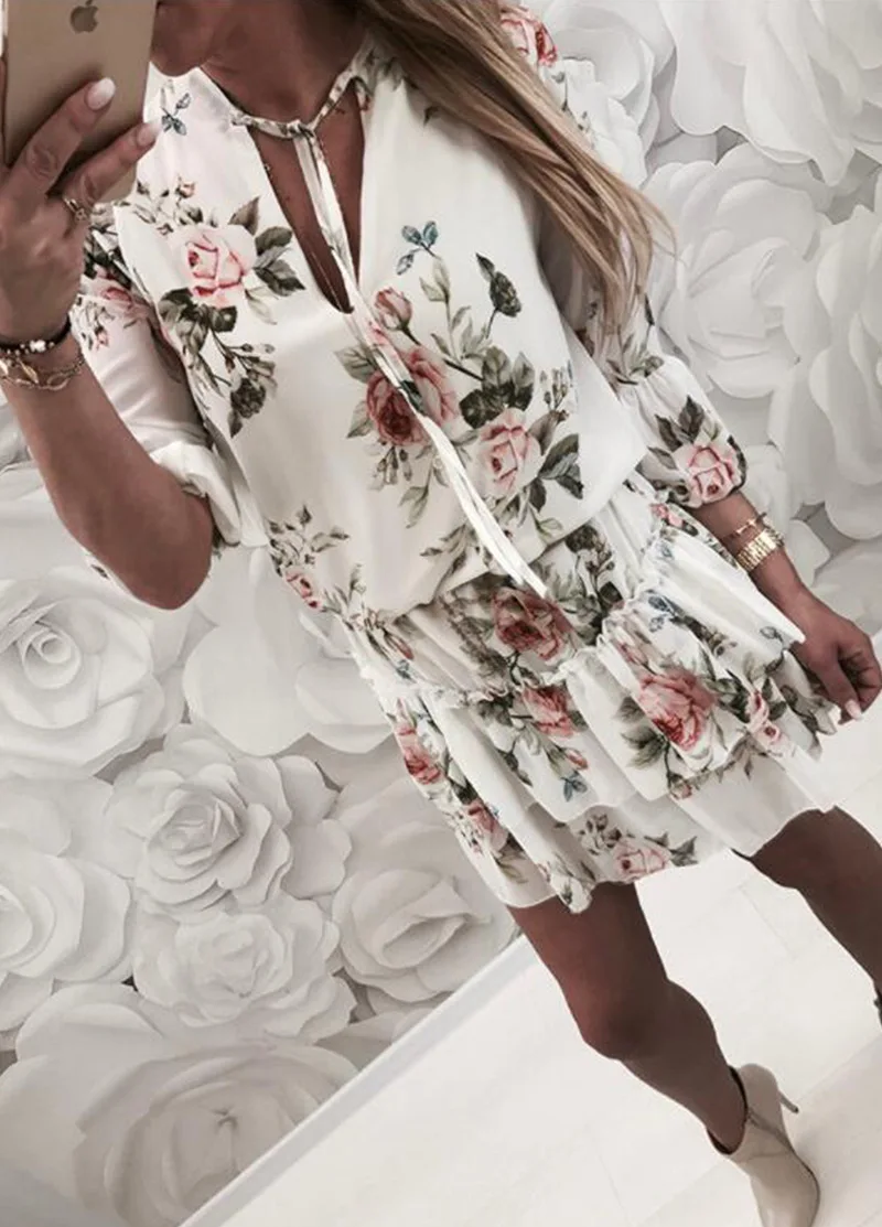 

Шифоновые короткие платья с V-образным вырезом для элегантной леди с цветочным принтом на шнуровке с оборками и рукавом средней длины женское летнее платье