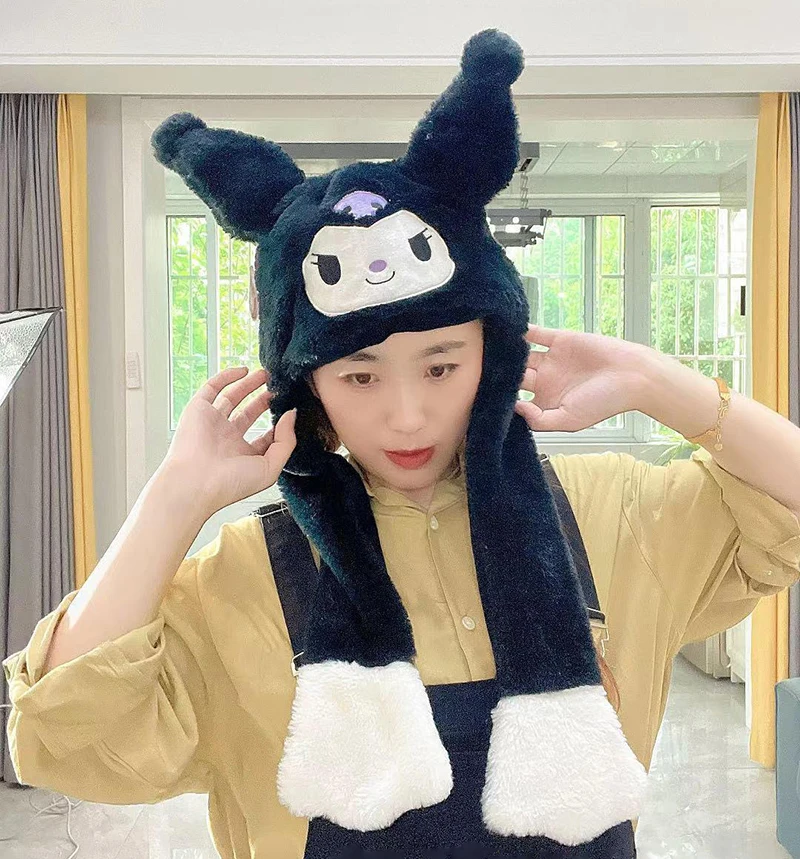 Шапка Kuromi Kitty Cinnamoroll с ушками, милая шапка с ушками кролика, милая аниме косплей, веселая плюшевая НОВАЯ шапка для прыжков