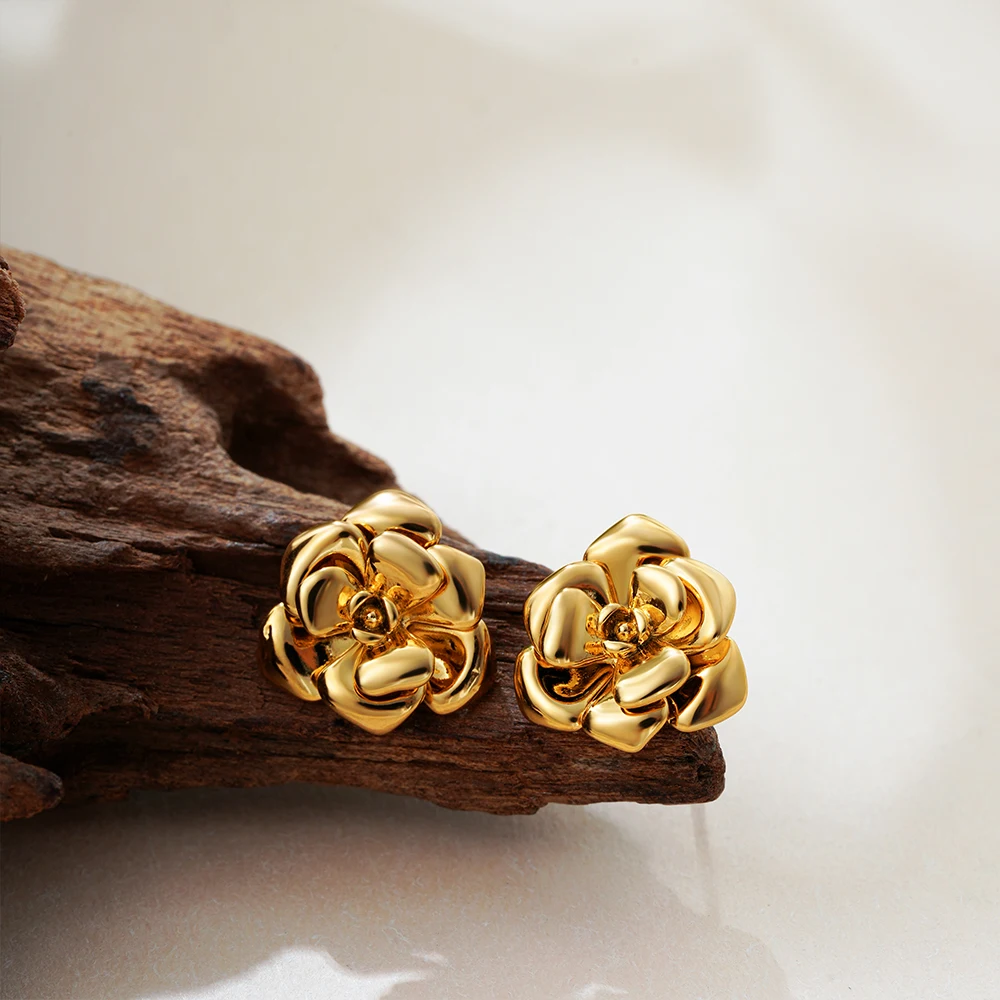 Vintage Polished Multi Layered Petals Ear Studs Stainless Steel Gold Plated Flower Shape Drop Earrings Femal Waterproof Jewelry