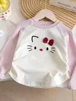 Girls Long Sve T-irt Spring Autumn Lace Trim Color Blo Base irt Sweet Cartoon  Design Ladies Stand Fit Tee