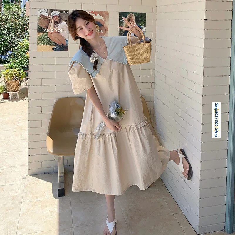 

Patchwork Peter Pan Collar Short Sleeve Loose Sweet Dress for Women 2024 Summer New Elegant Chic Loose Korean Maxi Dresses 2847