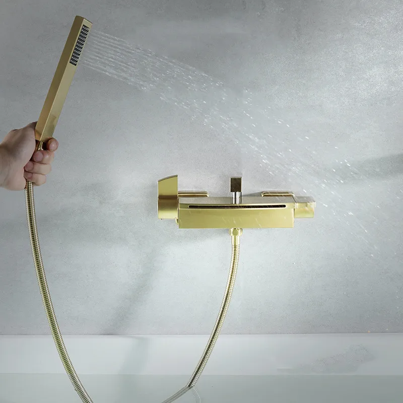 Bathtub Shower Set Wall Mounted Bathroom Double Handle Brush Gold Waterfall Bathtub Faucet Solid Brass Casted Water Saving 2