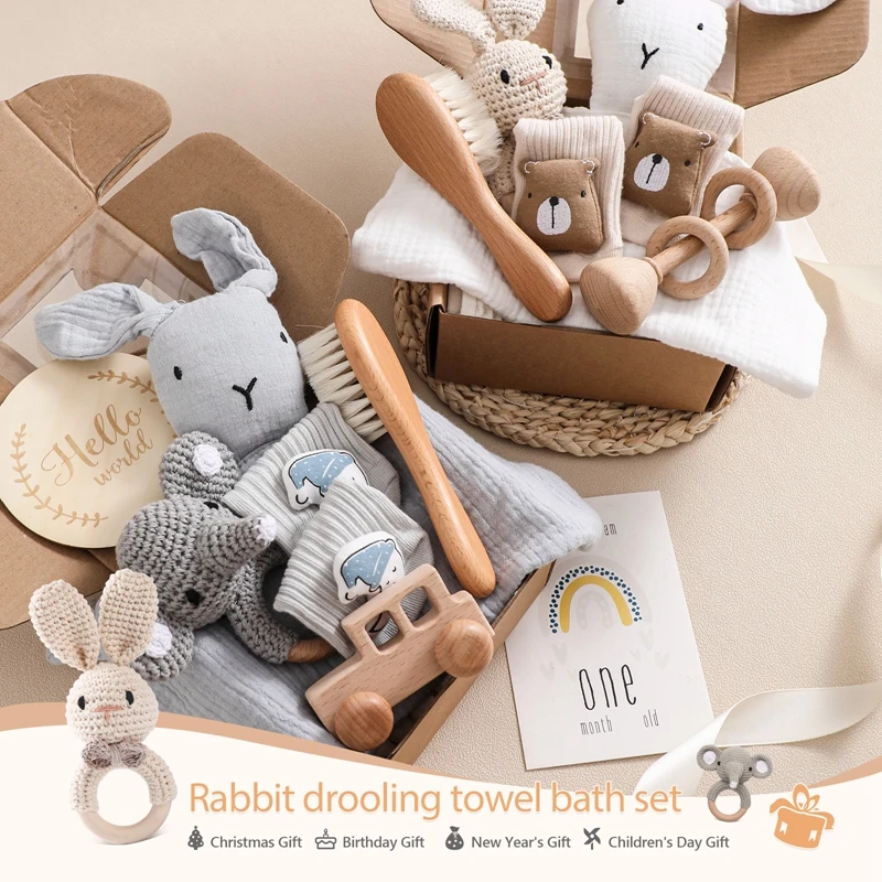 1set Baby Bath Set Cotton Towel Blanket Brush Socks for Kids Toy Crochet Rattle Set Box Christmas photography accessories Gifts 4 S081e360fe64d4ab8b22e194a0b3e85dcR