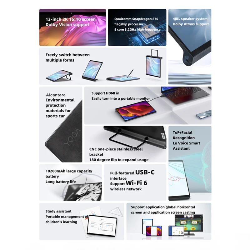 Lenovo Yoga Pad Pro Tablet 8GB 256GB ROM 13 Inch 2K LTPS LCD Screen Snapdragon 870 Octa Core HDMI In 10200mAh Battery Android 11