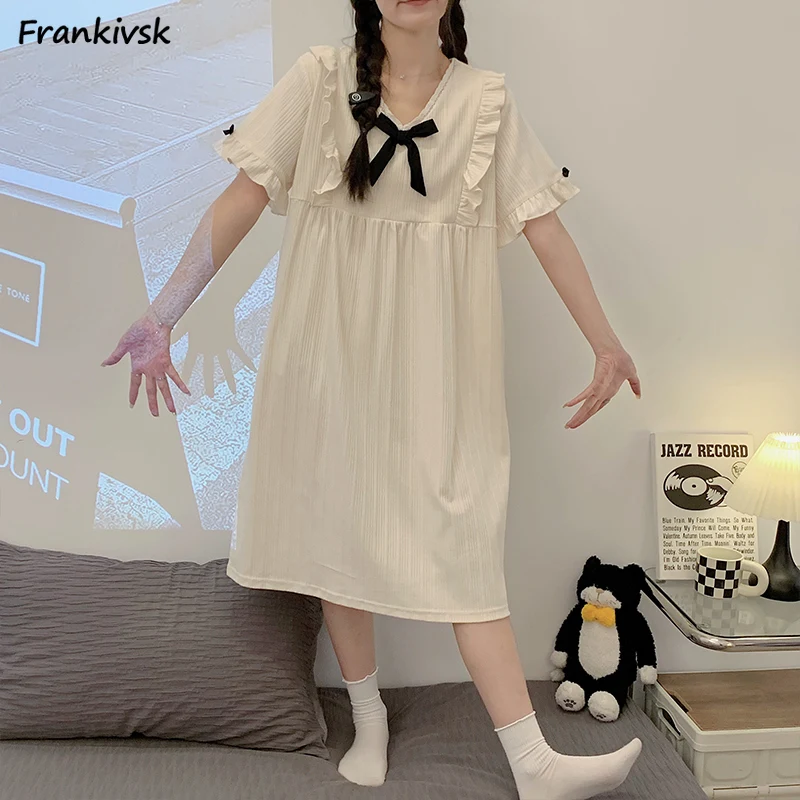 

Cute Nightgowns Women Spliced Ruffles Summer Sweet Simple Japanese Style Retro Schoolgirl Classic Loungewear Daily Advanced Ins