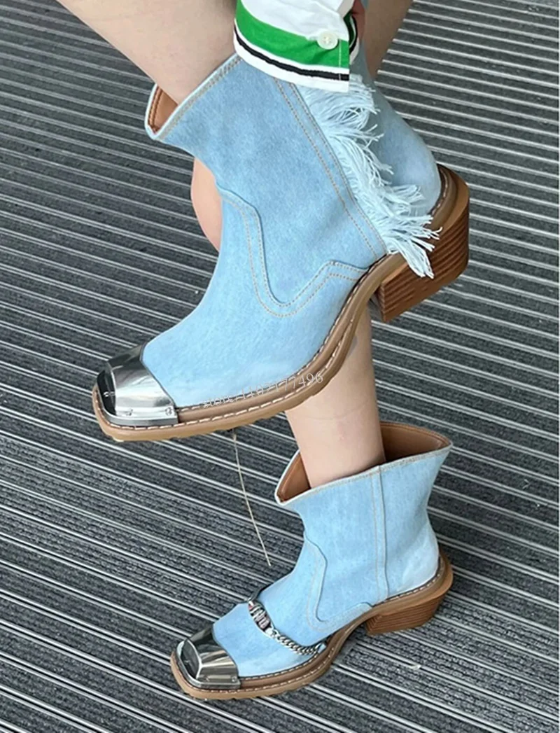 

Denim Boots Light Blue Western Flat Metal Pointed Leather Ankle Calf Booties Men Women Winter Shoes Mixed Colors Fashion Brand