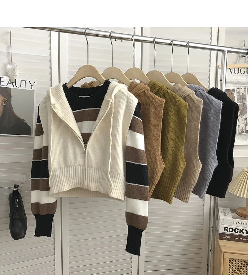 Dstring Hooded Zipper Svel Knitted Vest Women's Autumn Faion Korean Retro Versatile Outerwear Tank Top