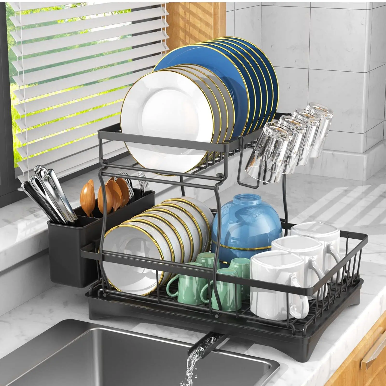 

360°Drainage,Dish Drainboard Set with Cutlery Holder and 4 Cup Holder,Dish drainers Over Sink Drying Rack On Counter