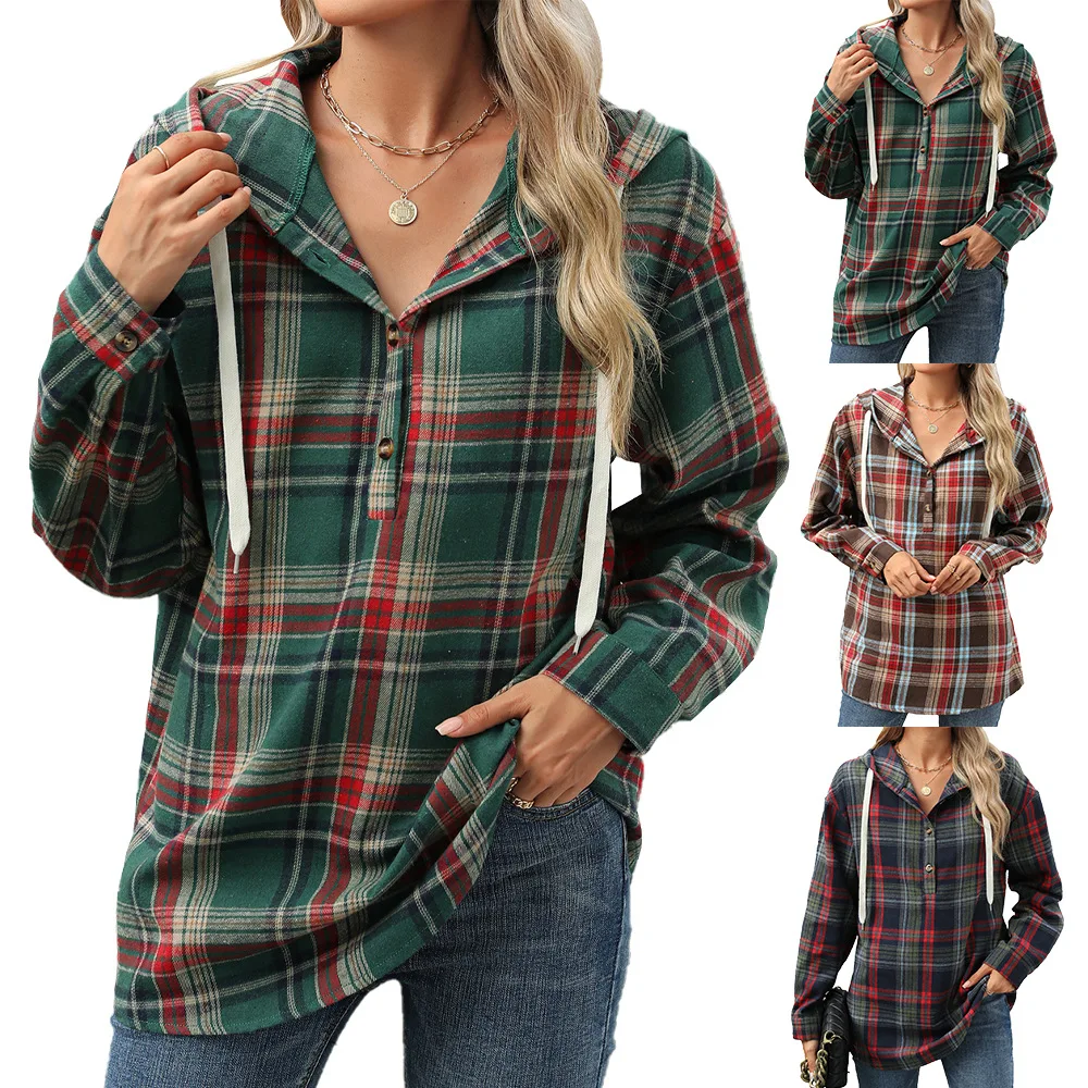 2024 Autumn and winter new loose long sleeved hooded button checkered coat casual hoodie for women 6