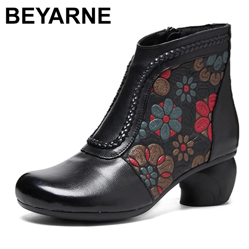 

Genuine Leather Print Shoes Women Boots Zip 2023 New Autumn Winter Round Toe Ethnic Flower Ankle Platform Boots black boots