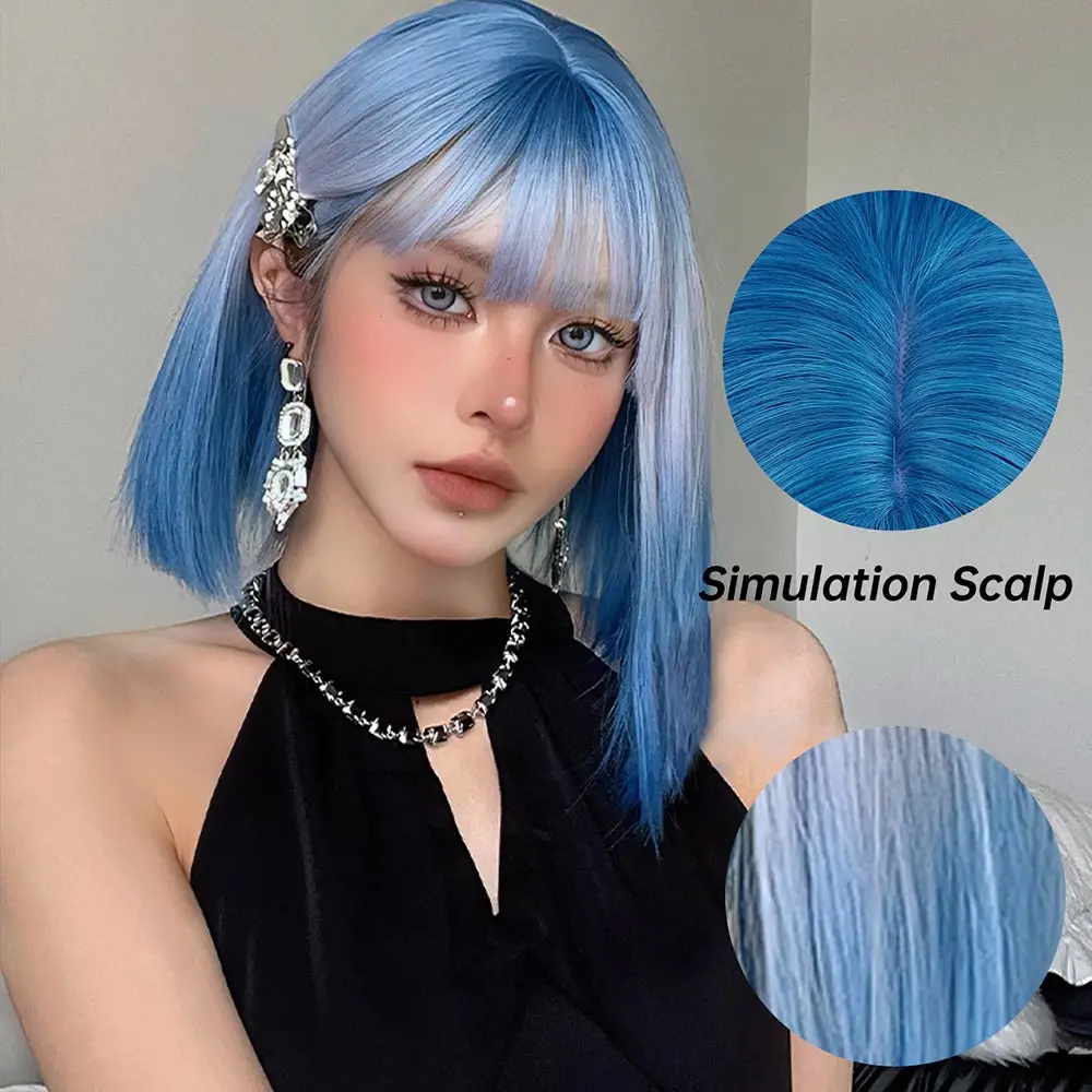 

Парик набор волос японский и корейский стиль новый парик синий градиент волна Боб короткие прямые волосы высокотемпературный шелк