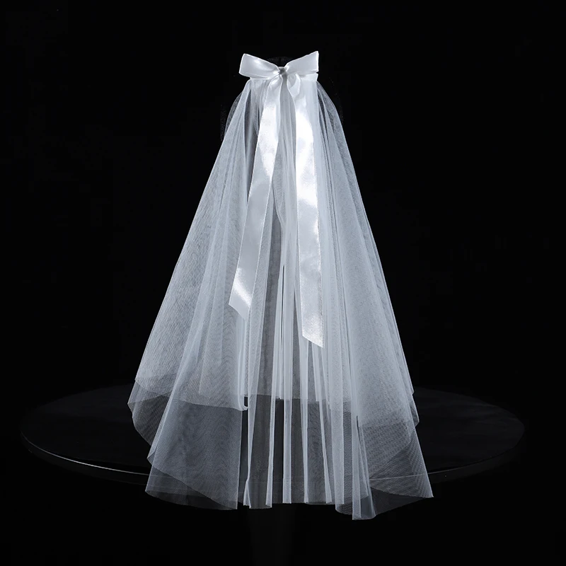

White bridal veil, Two Layer smooth edge shoulder length veil, simple bow decoration suitable for women's wedding accessories