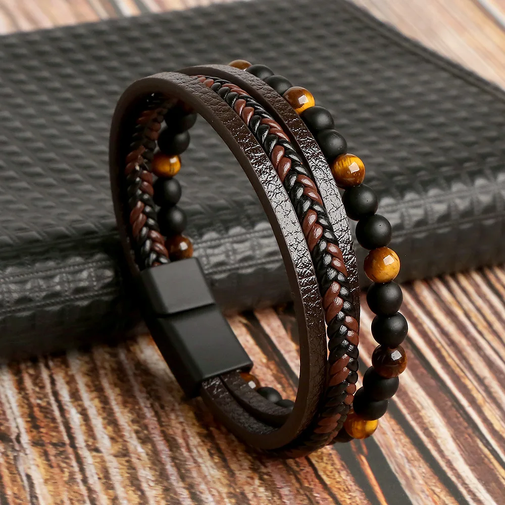 STARCHENIE Men's Tiger Eye Leather Bracelet – Black Braided Multi-Strand With Stainless Steel Buckle - View #7