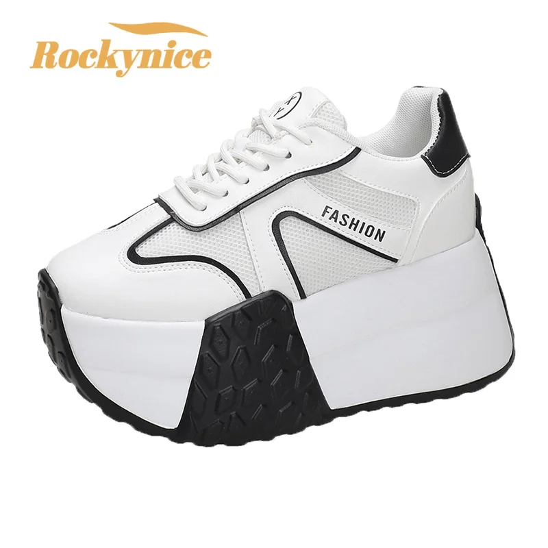 New Chunky Leather Women Casual Shoes 9CM High Platform Wedge Heels Sneakers Fashion Female Women Spring Autumn Skateboard Shoes