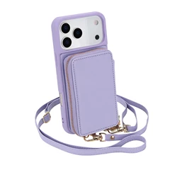 Crossbody Leather Wallet Phone Case with RFID Protection and Zippered Card Slots - iPhone 15 (Light purple)