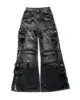 Gothic Harajuku Y2K Multi-Pocket Washed Black Jeans Men Fall Loose Drag Pants Street Hip Hop Rap 90s Spice Girls Wide Leg Pants 1