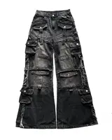 Gothic Harajuku Y2K Multi-Pocket Washed Black Jeans Men Fall Loose Drag Pants Street Hip Hop Rap 90s Spice Girls Wide Leg Pants 1