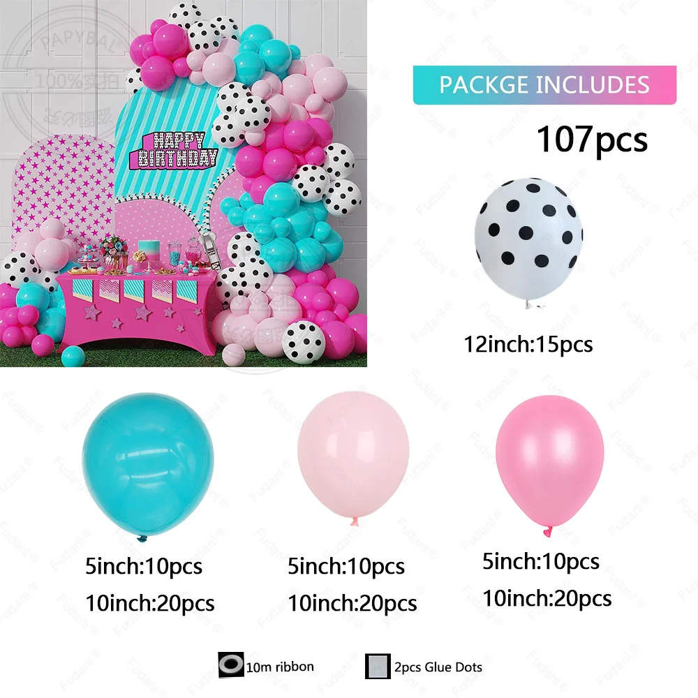 thumbnail image 1 of Kit de arco de guirnalda de globos para fiesta temática LOL, globos de látex para niña, decoración de fiesta de cumpleaños, azul, rojo y rosa, 107 piezas（107pcs Otros, 1 of 5